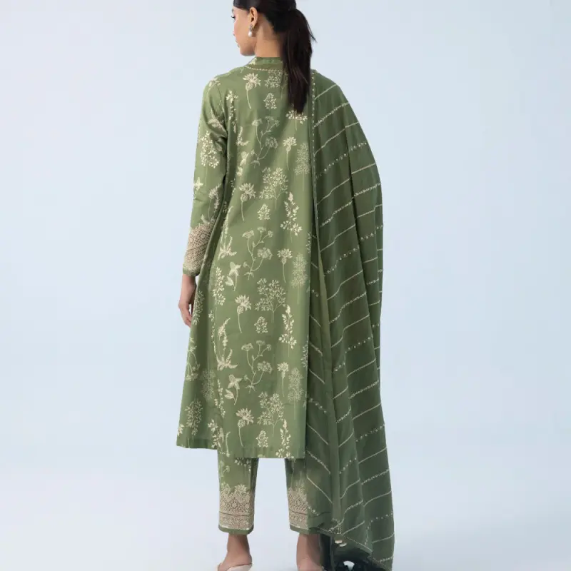 3 Piece - Embroidered Cotton Satin Suit