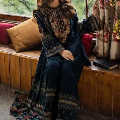 3PC Unstitched Khaddar Printed and Embroidered Front with Printed Shawl and Printed Trouser