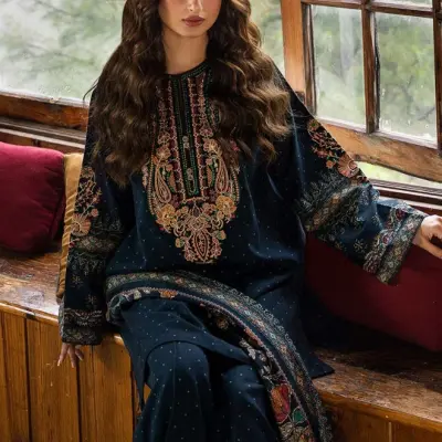 3PC Unstitched Khaddar Printed and Embroidered Front with Printed Shawl and Printed Trouser