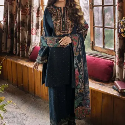 3PC Unstitched Khaddar Printed and Embroidered Front with Printed Shawl and Printed Trouser